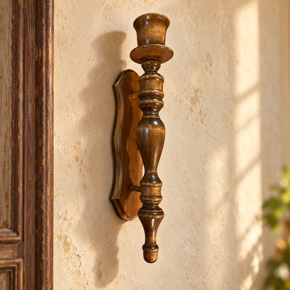 Vintage Turned Wood Wall Sconce Candle Holder Brown Spindle 15.5 Inch Decor